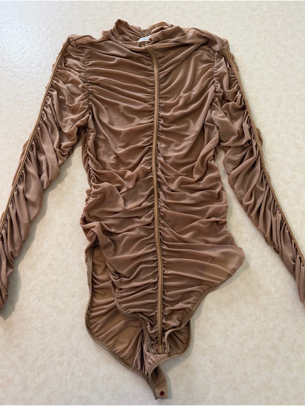 Mesh Ruched Long Sleeve Bodysuit in Brown